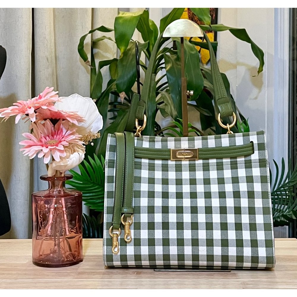 โบโบ AUTHENTIC TORY BURCH GREEN AND WHITE PLAID PETITE LEE RADZIWILL โบโบ - Picture 2 of 14